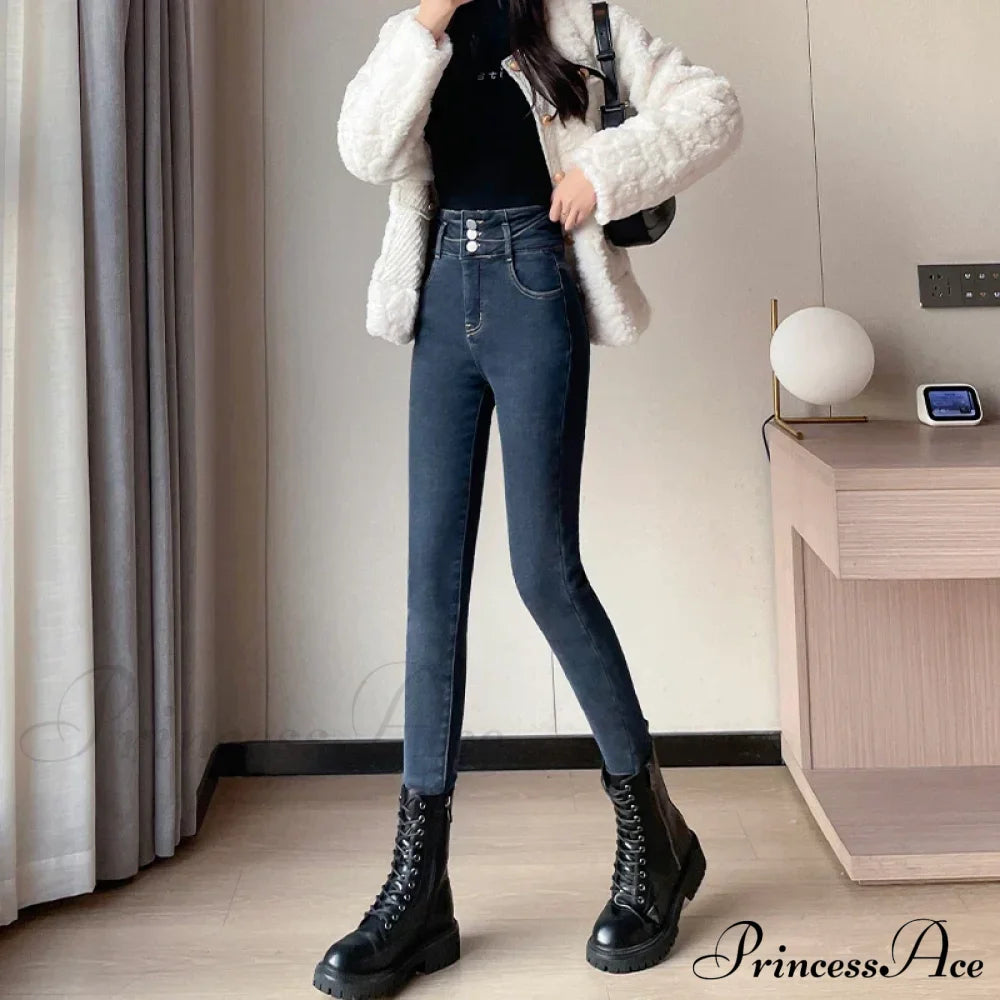 Winter Plus Velvet Skinny Women Stretch Denim Trousers Retro Patchwork Autumn Warm Thick Pencil