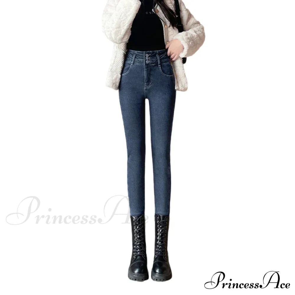 Winter Plus Velvet Skinny Women Stretch Denim Trousers Retro Patchwork Autumn Warm Thick Pencil