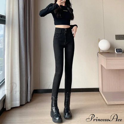 Winter Plus Velvet Skinny Women Stretch Denim Trousers Retro Patchwork Autumn Warm Thick Pencil