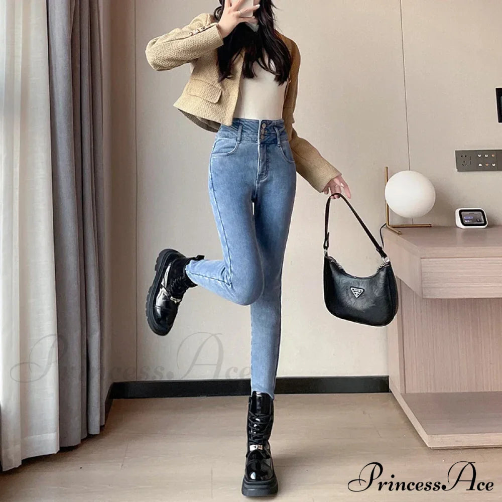 Winter Plus Velvet Skinny Women Stretch Denim Trousers Retro Patchwork Autumn Warm Thick Pencil