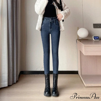 Winter Plus Velvet Skinny Women Stretch Denim Trousers Retro Patchwork Autumn Warm Thick Pencil