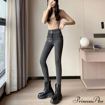 Winter Plus Velvet Skinny Women Stretch Denim Trousers Retro Patchwork Autumn Warm Thick Pencil