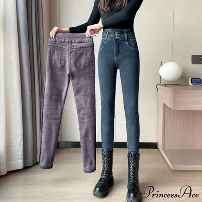 Winter Plus Velvet Warm Women Thickened High Waist Casual Slim Stretch Denim Trousers Skinny Pencil