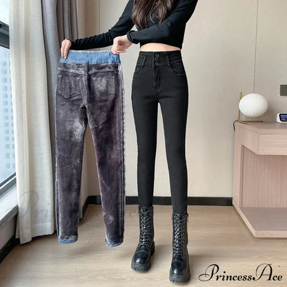 Winter Plus Velvet Warm Women Thickened High Waist Casual Slim Stretch Denim Trousers Skinny Pencil