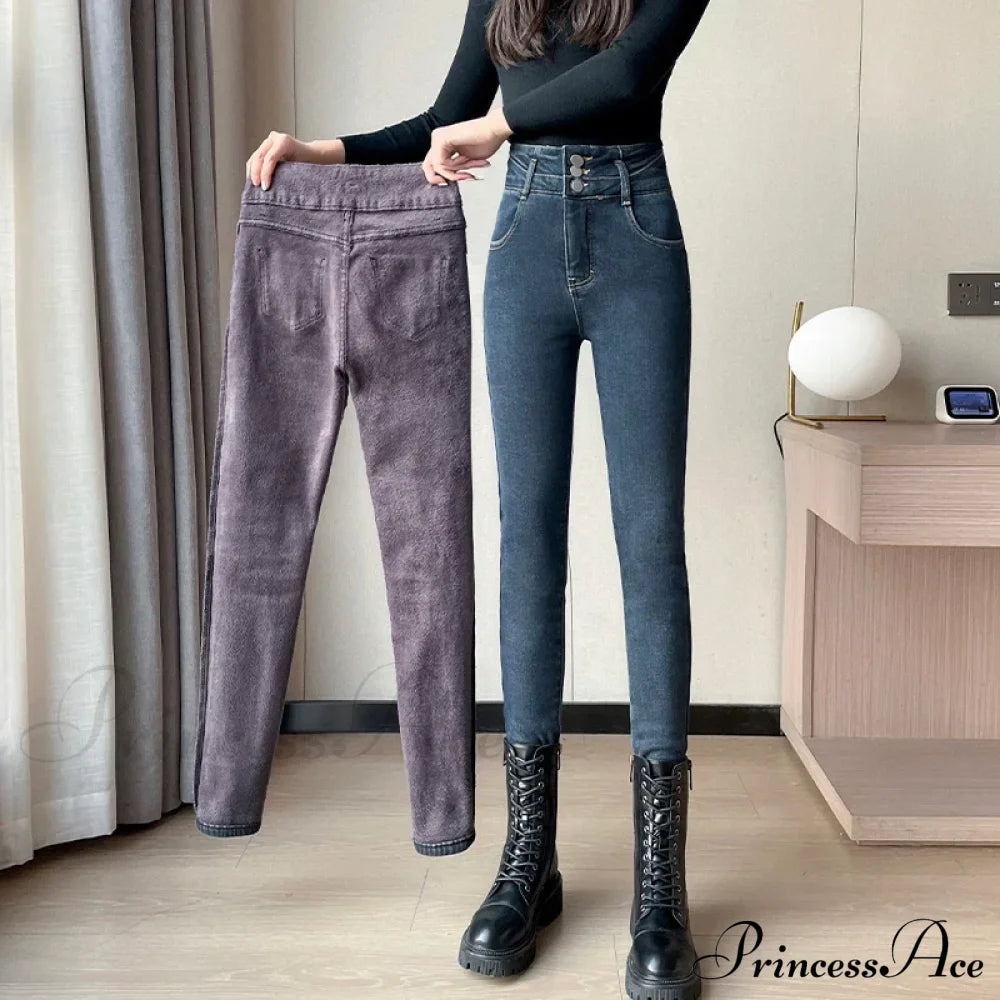 Winter Plus Velvet Warm Women Thickened High Waist Casual Slim Stretch Denim Trousers Skinny Pencil