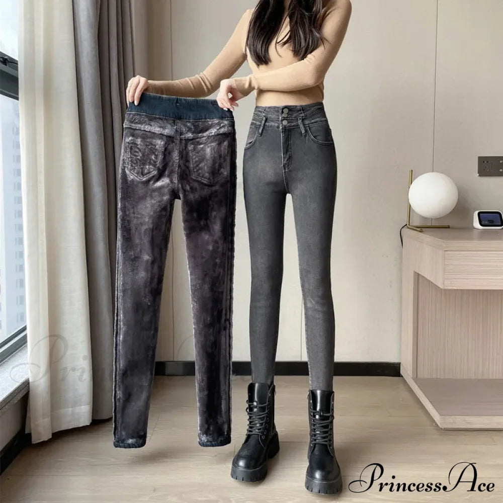 Winter Plus Velvet Warm Women Thickened High Waist Casual Slim Stretch Denim Trousers Skinny Pencil