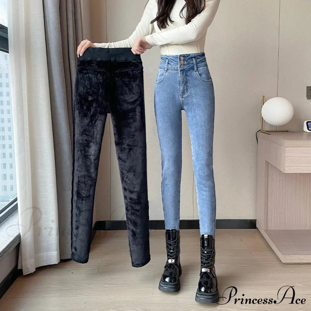 Winter Plus Velvet Warm Women Thickened High Waist Casual Slim Stretch Denim Trousers Skinny Pencil