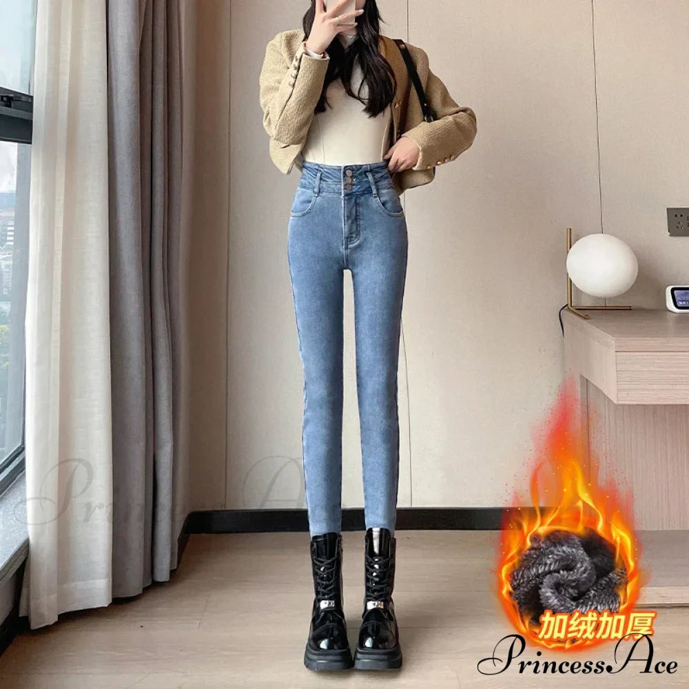 Winter Plus Velvet Women Warm Skinny Pencil Pants Thickened High Waist Casual Slim Stretch Denim