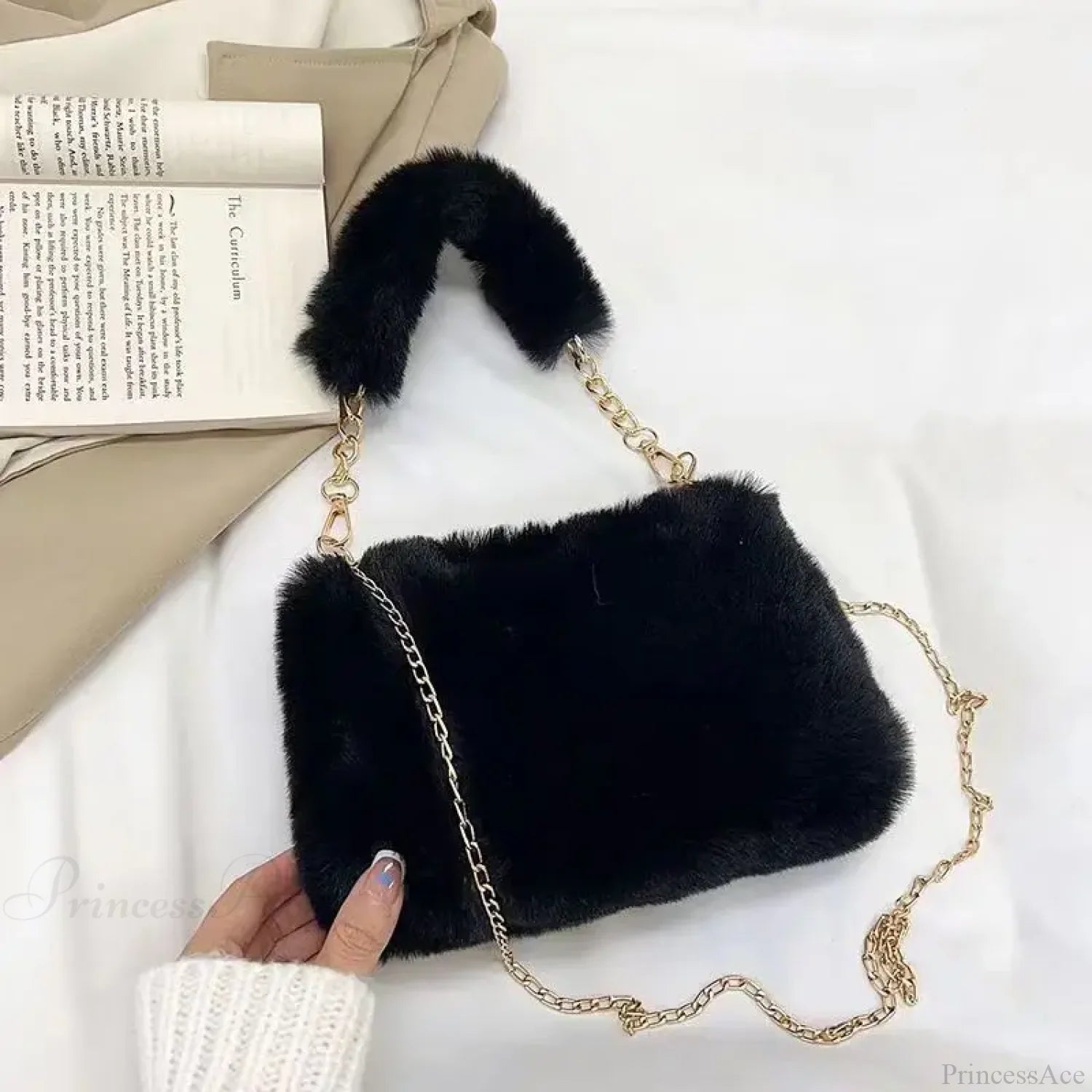Winter Plush Fluffy Small Square Crossbody Handbag Black handbag-250126