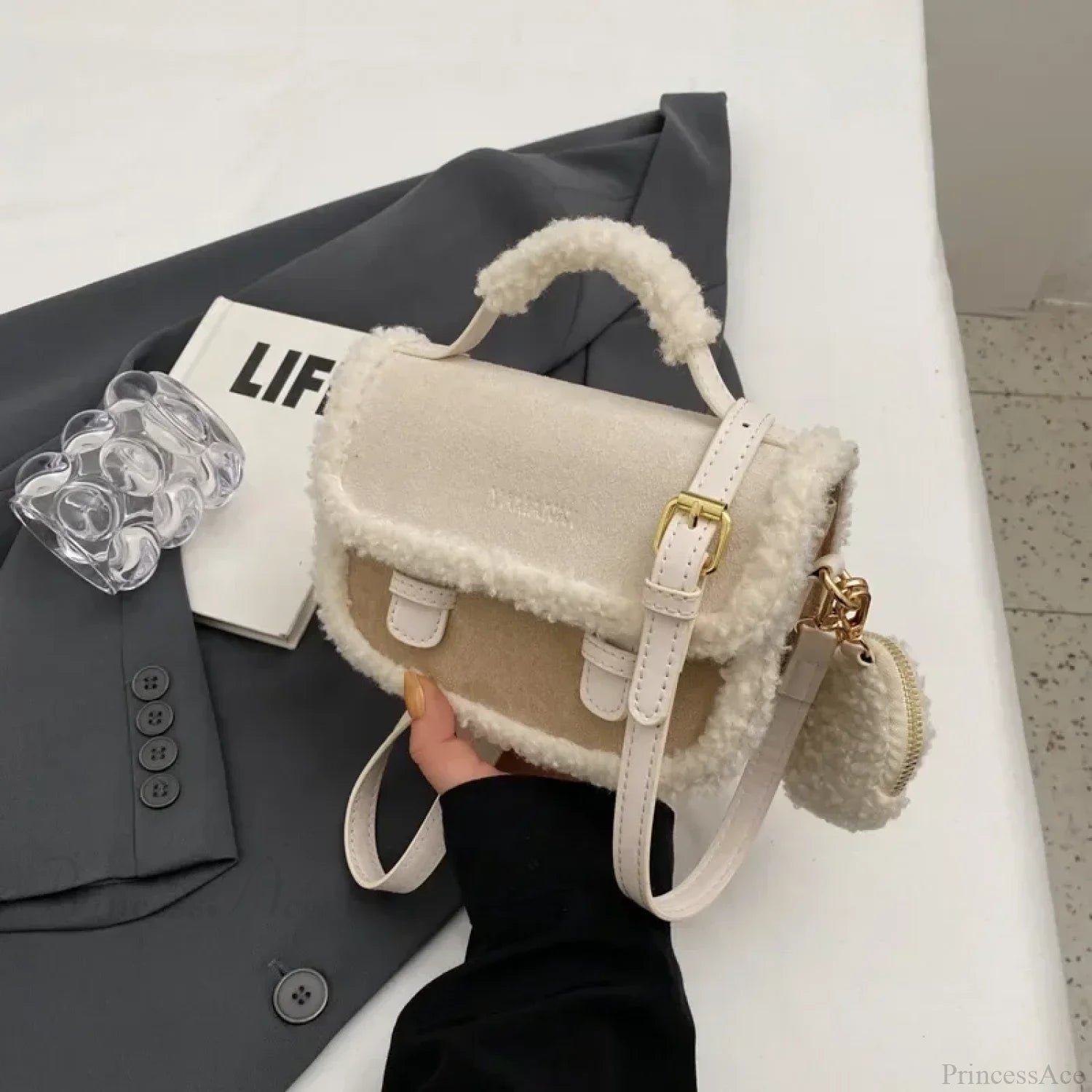 Winter Plush Small Square Crossbody Handbag Beige handbag-250126