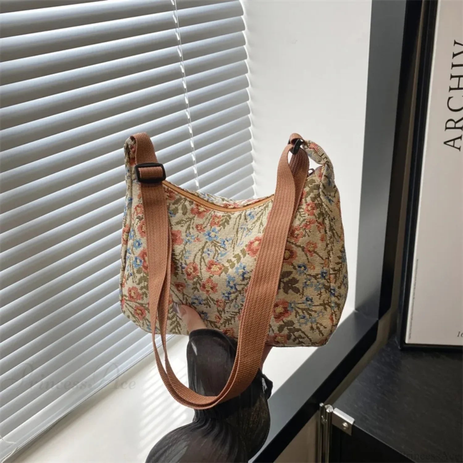 Winter Prints Crescent Cloth Crossbody Brown crossbody-250126