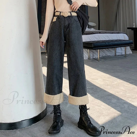 Winter Thick Velvet Fleece Faux Lambs Wool Stitching Fashion High Waist Casual Warm Wide Leg Denim