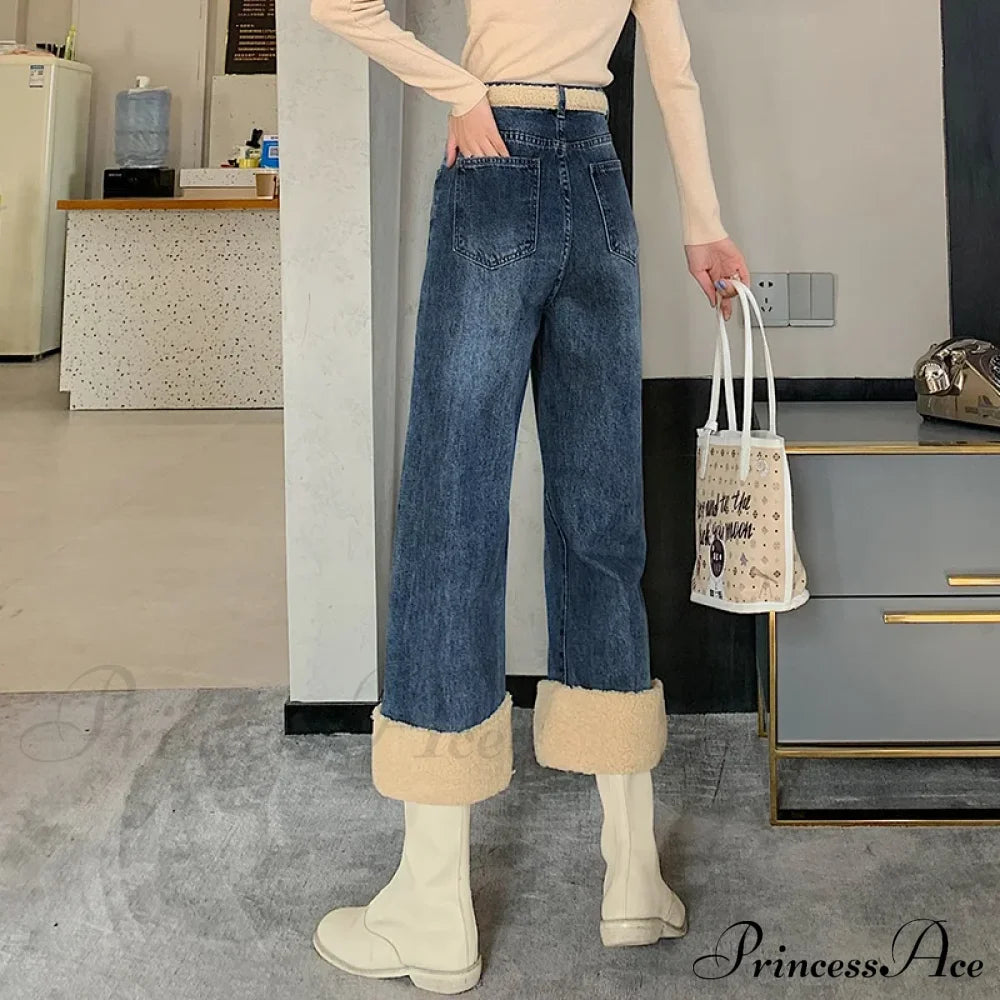 Winter Thick Velvet Fleece Faux Lambs Wool Stitching Fashion High Waist Casual Warm Wide Leg Denim