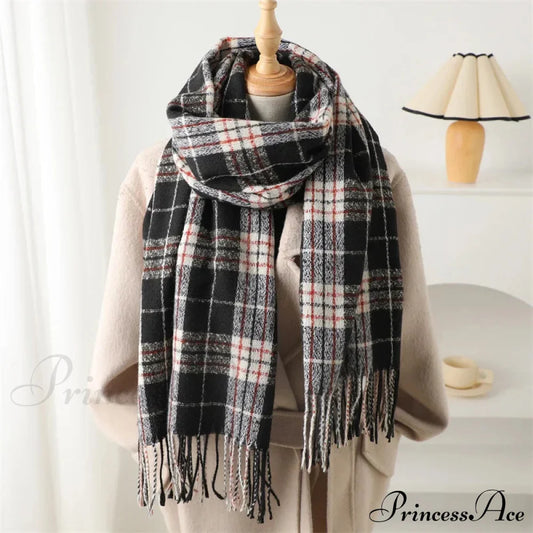 Winter Warm Cashmere-Like Plaid Blanket Wrap Scarf For Women Grey Scarfs-L