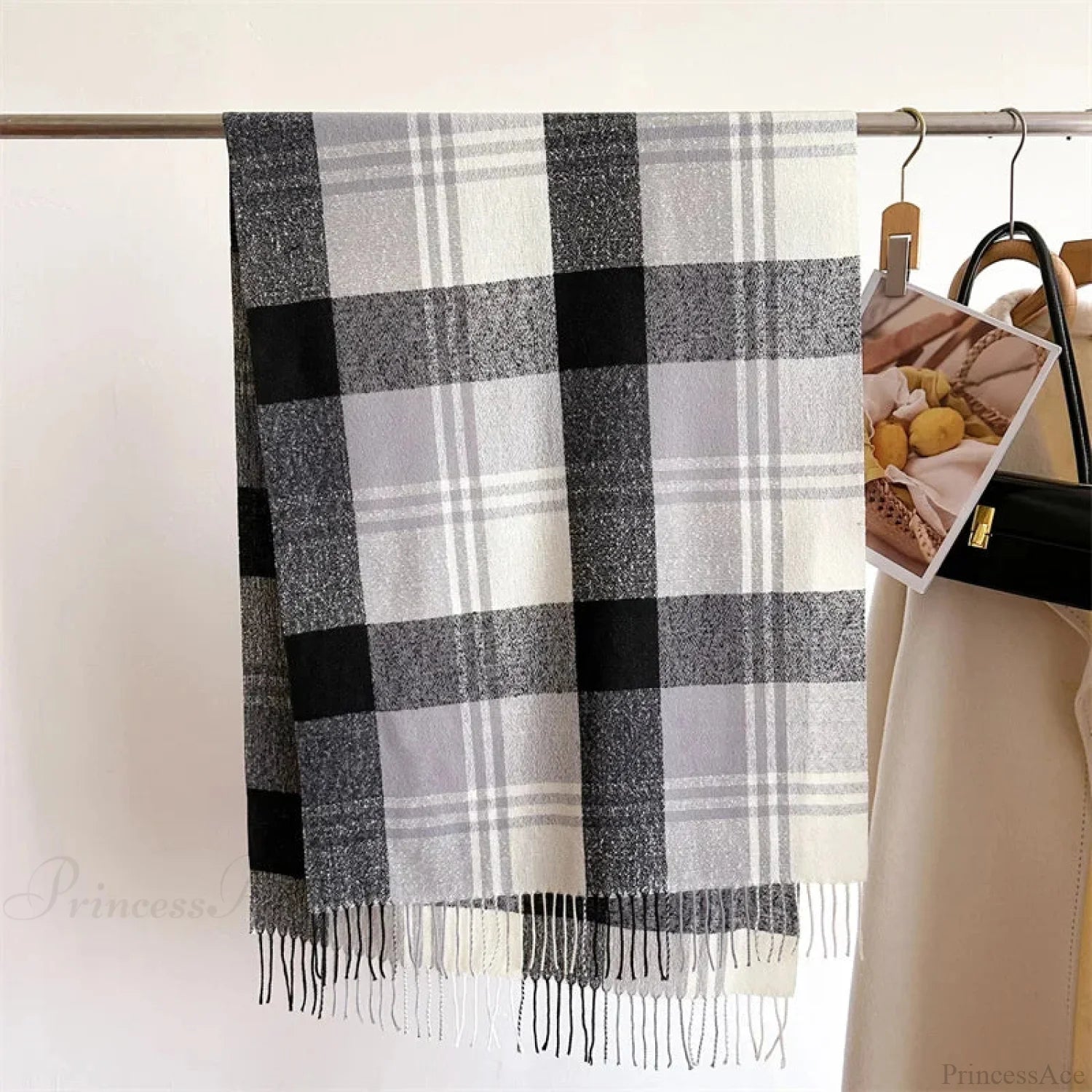 Winter Warm Colorful Cashmere Like Thick Pashmina Tassels Plaid Scarf Grey Scarfs-L