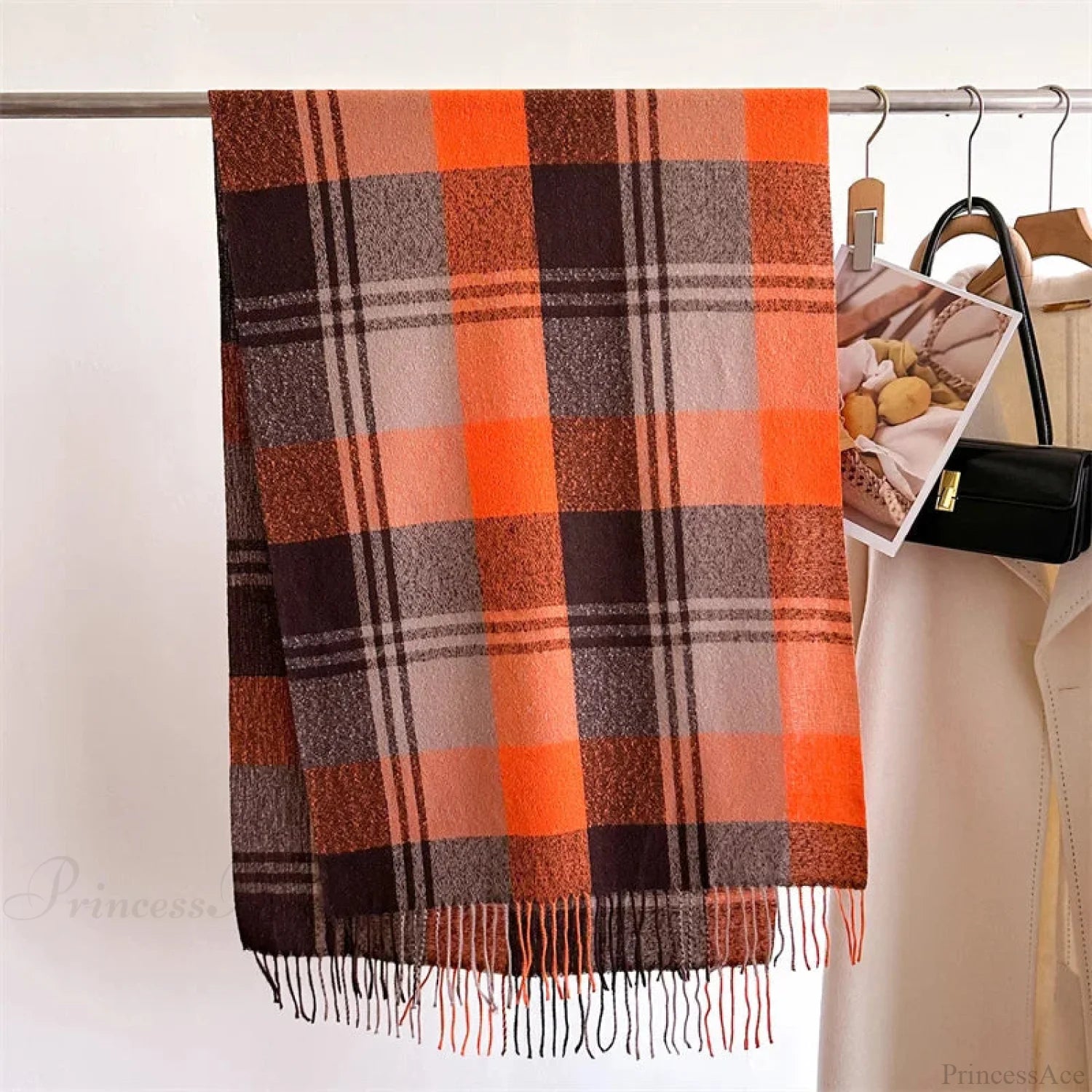 Winter Warm Colorful Cashmere Like Thick Pashmina Tassels Plaid Scarf Orange Scarfs-L