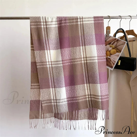 Winter Warm Colorful Cashmere Like Thick Pashmina Tassels Plaid Scarf Purple Scarfs-L