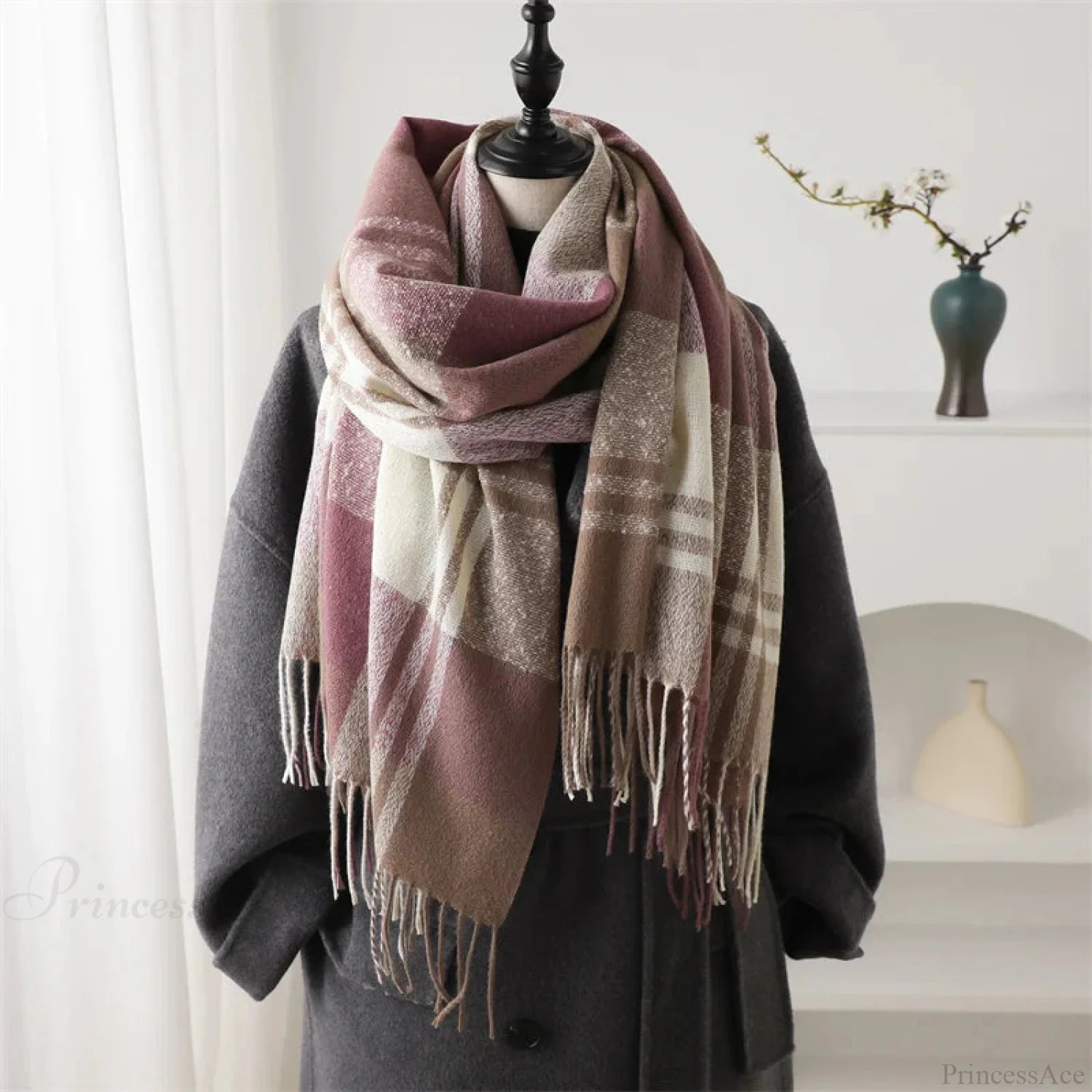 Winter Warm Colorful Cashmere Like Thick Pashmina Tassels Plaid Scarf Scarfs-L