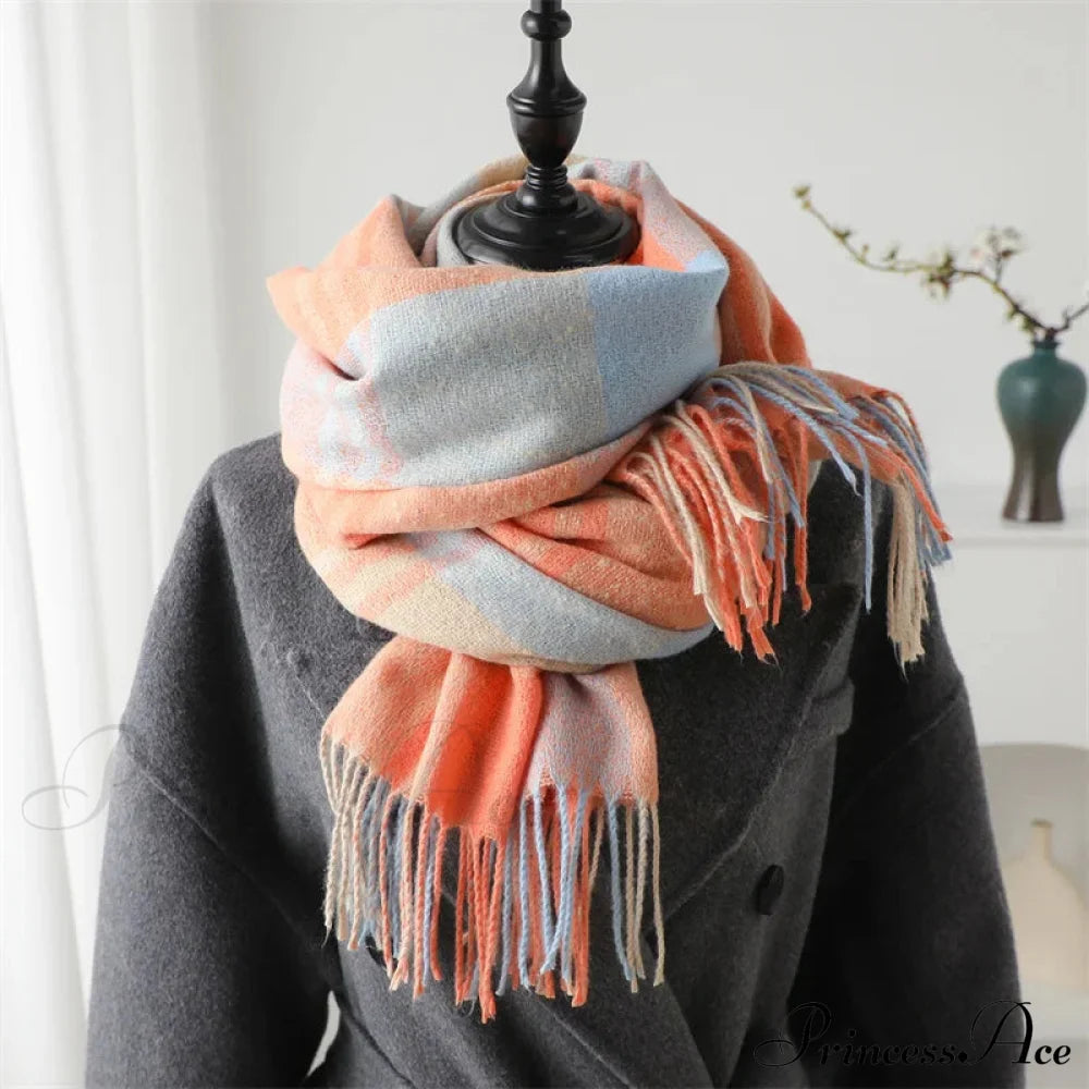 Winter Warm Colorful Cashmere Like Thick Pashmina Tassels Plaid Scarf Scarfs-L