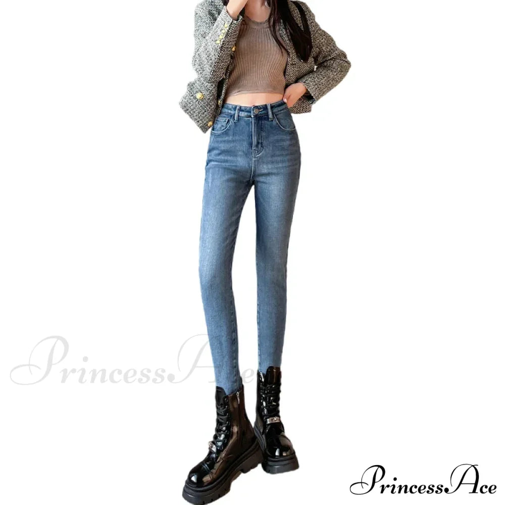 Winter Warm Plush Stretch Thermal Fleece Retro Thicken High Waist Jean