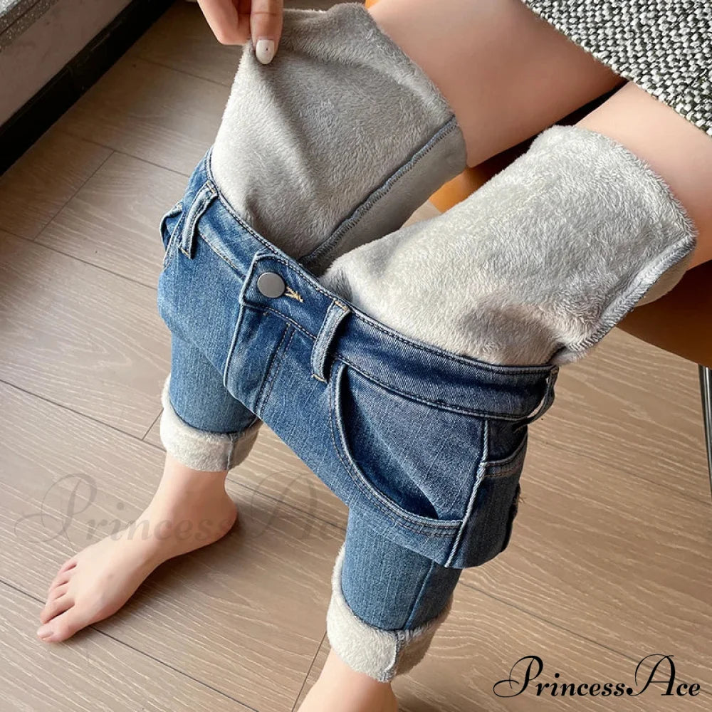 Winter Warm Plush Stretch Thermal Fleece Retro Thicken High Waist Jean