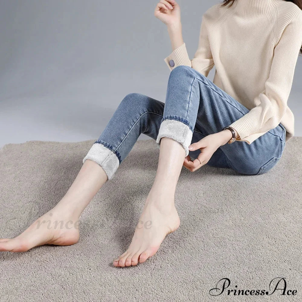 Winter Warm Thick Velvet High Skinny Slim Stretch Pencil Denim Jean