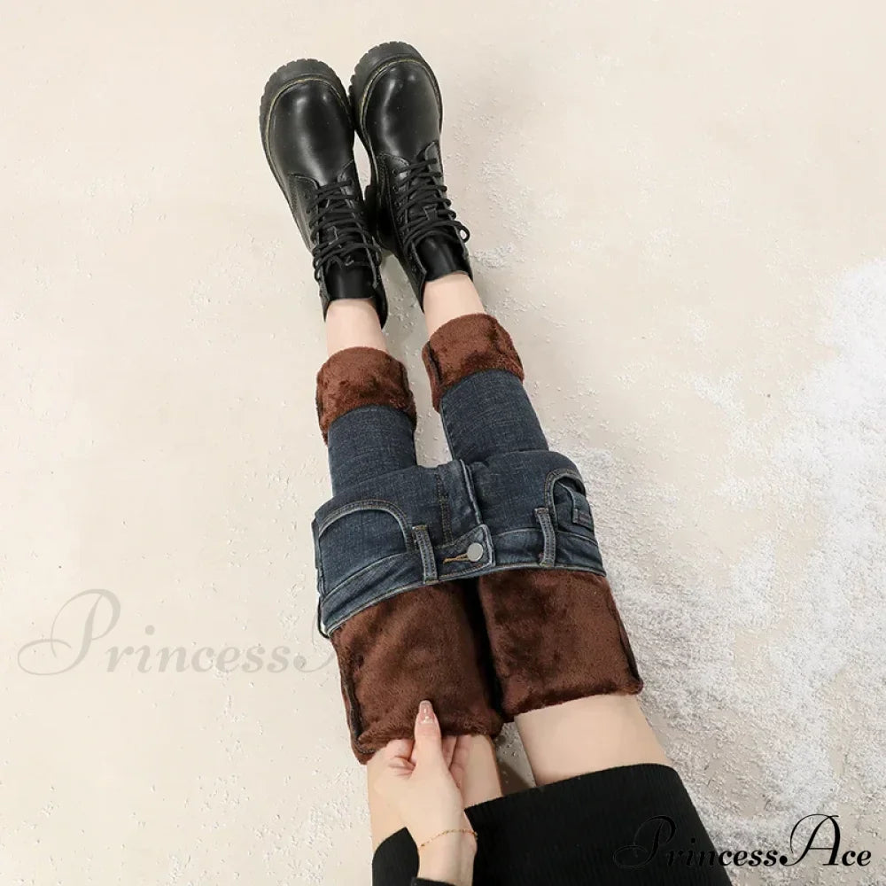 Winter Warm Thick Velvet High Skinny Slim Stretch Pencil Denim Jean