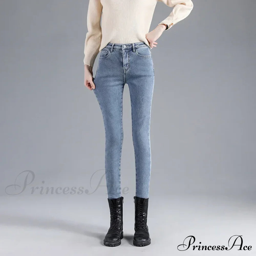 Winter Warm Thick Velvet High Skinny Slim Stretch Pencil Denim Jean Blue / 25