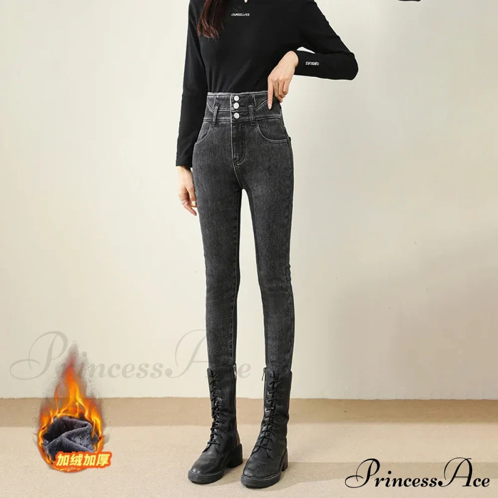 Winter Warm Women High Waist Skinny Thick Velvet Casual Lady Denim Pencil Pants Plus Size Fleece