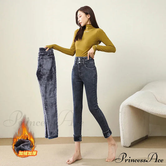 Winter Warm Women High Waist Skinny Thick Velvet Casual Lady Denim Pencil Pants Plus Size Fleece