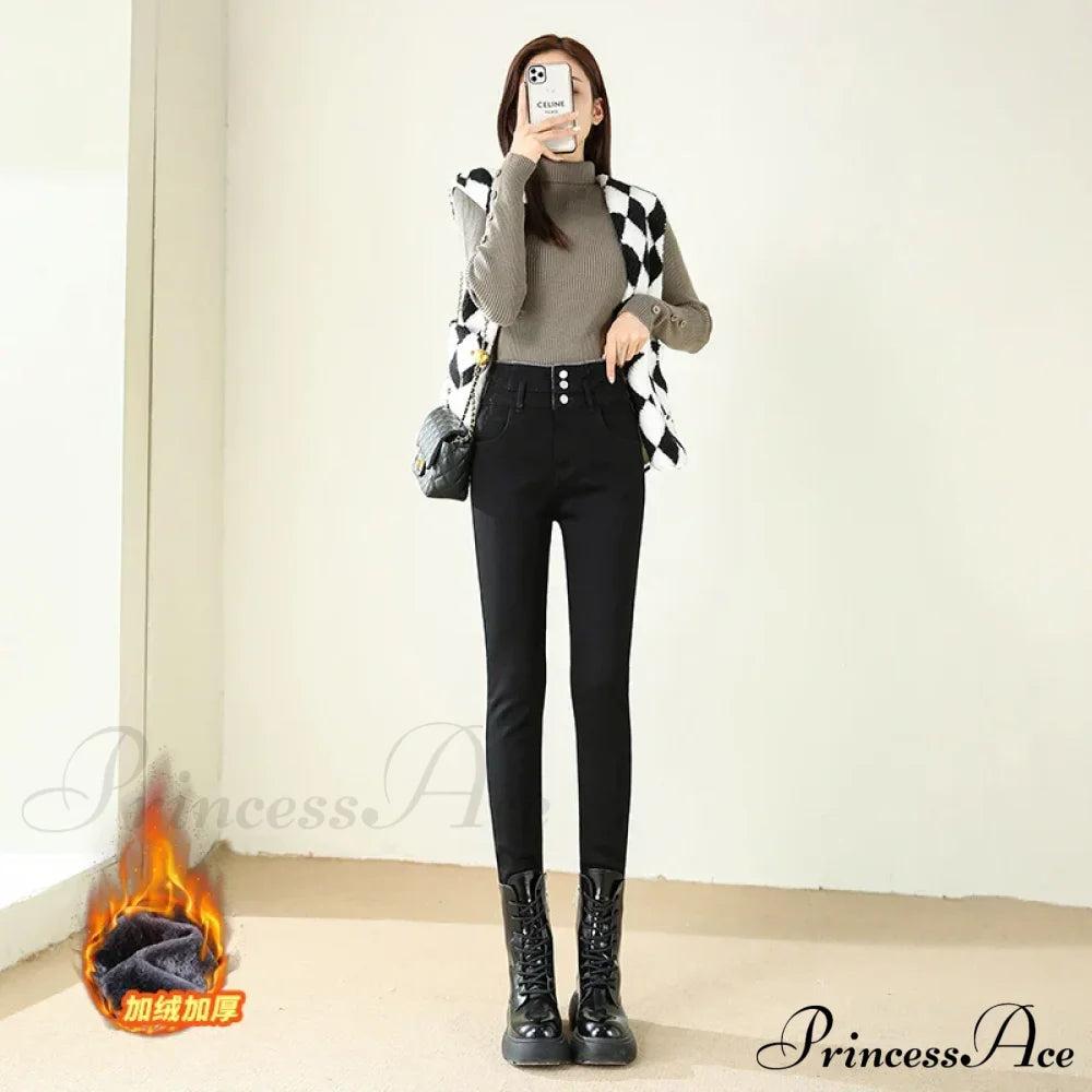 Winter Warm Women High Waist Skinny Thick Velvet Casual Lady Denim Pencil Pants Plus Size Fleece