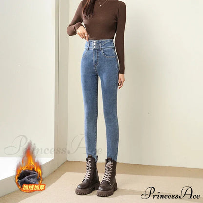 Winter Warm Women High Waist Skinny Thick Velvet Casual Lady Denim Pencil Pants Plus Size Fleece