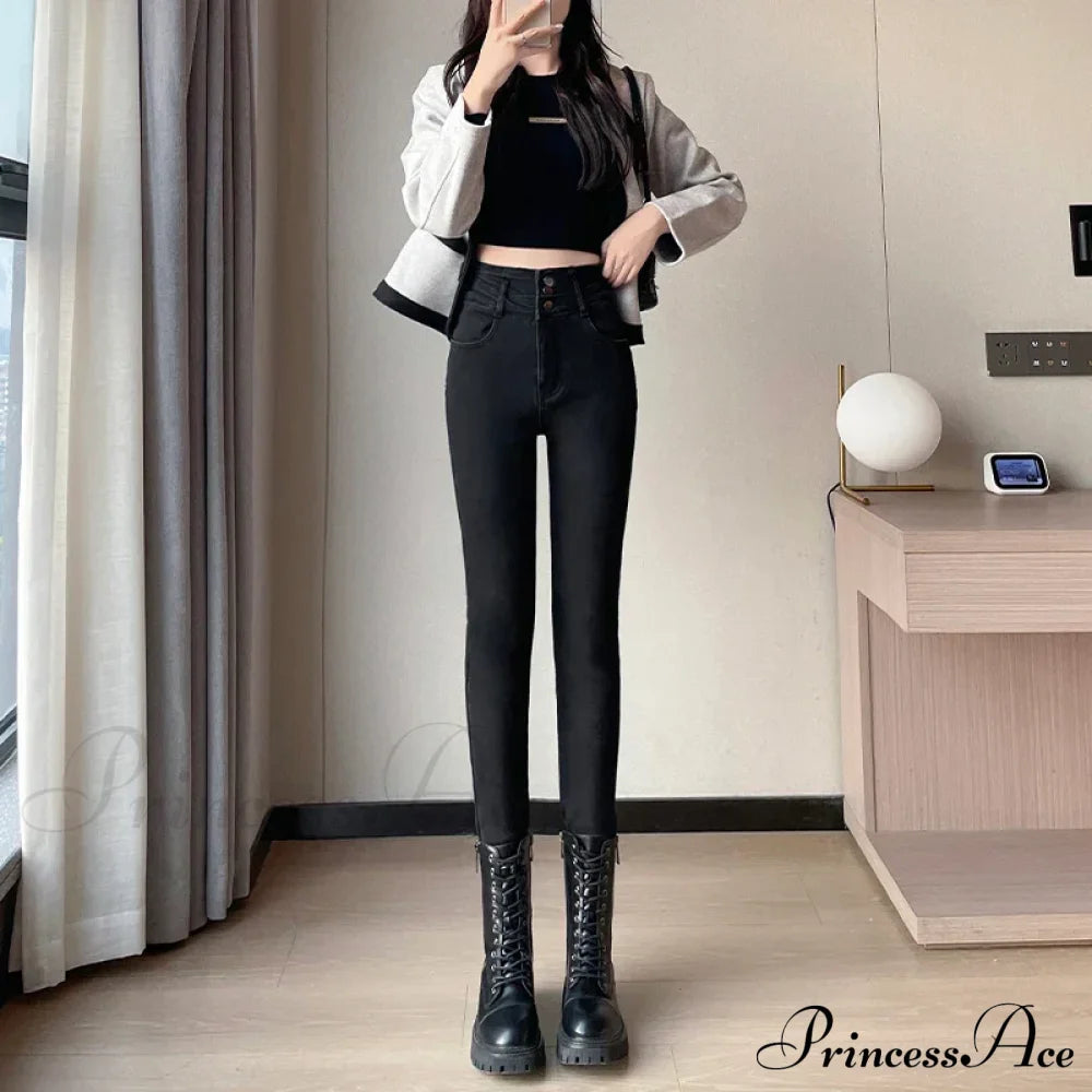 Winter Women Stretch Skinny Retro Patchwork Warm Thick Pencil Pants Slim Denim Trousers Jean