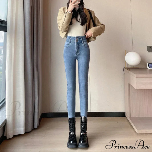 Winter Women Stretch Skinny Retro Patchwork Warm Thick Pencil Pants Slim Denim Trousers Jean