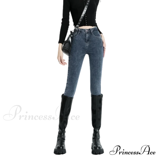 Winter Women Stretch Thicken Lamb Fluff High Waist Fleece Lined Warm Slim Denim Pencil Pants Jean