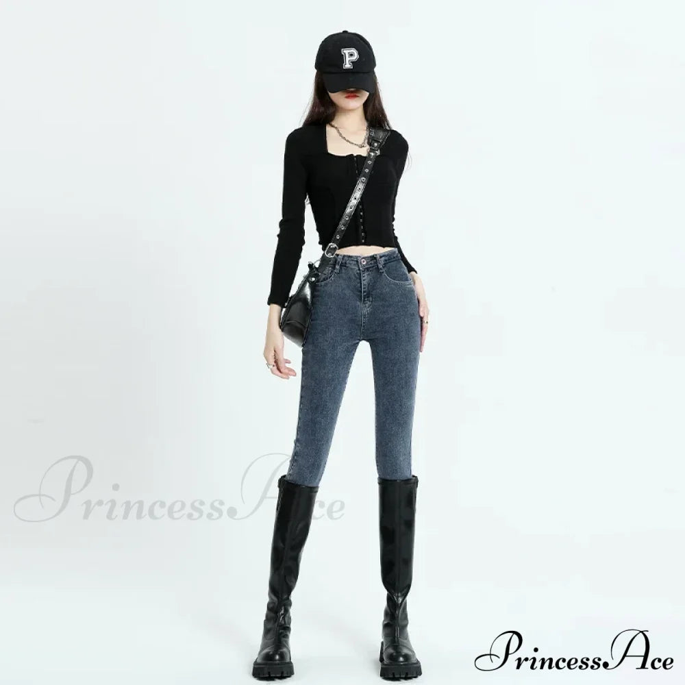 Winter Women Stretch Thicken Lamb Fluff High Waist Fleece Lined Warm Slim Denim Pencil Pants Jean