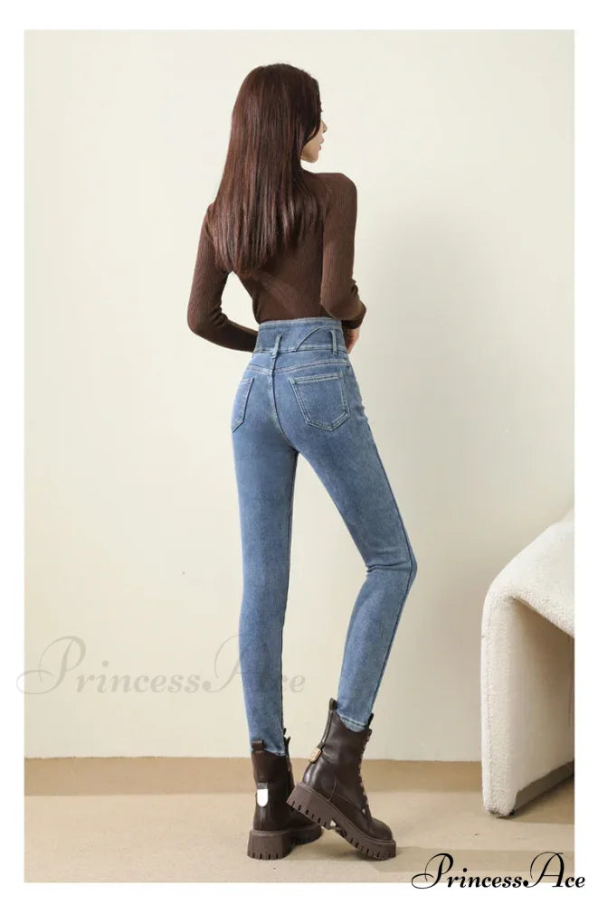 Winter Women Thicken Lamb Fluff High Waist Stretchy Fleece Lined Warm Slim Denim Pencil Pants Jean