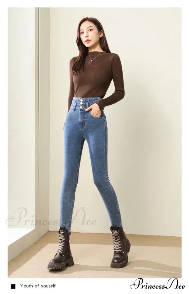 Winter Women Thicken Lamb Fluff High Waist Stretchy Fleece Lined Warm Slim Denim Pencil Pants Jean