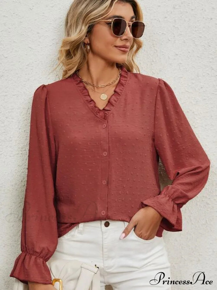 With Arm Blouse V-Neck Flounce Button Up