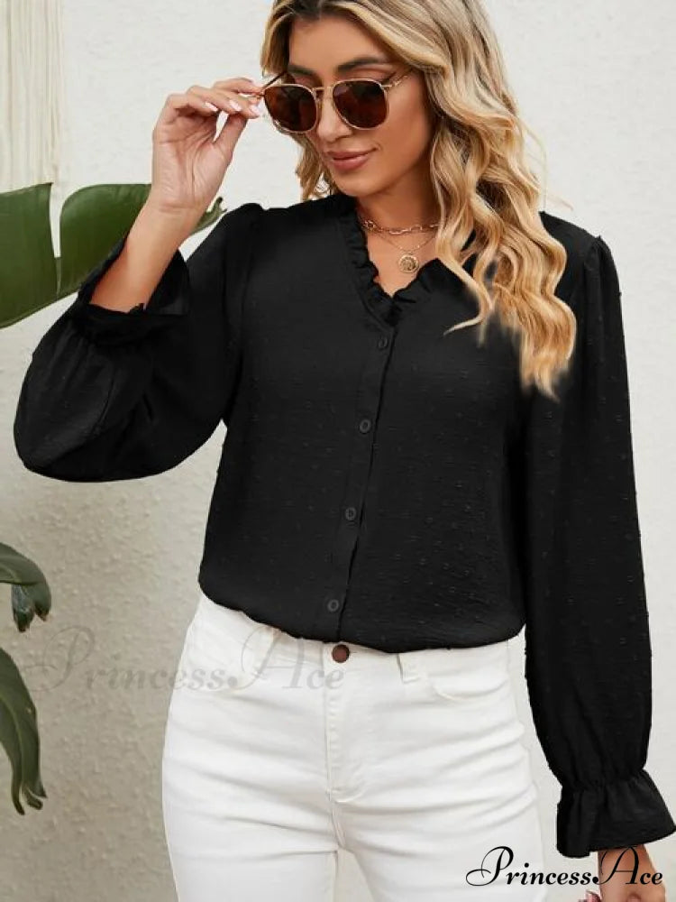 Button Up Flounce Sleeve V-Neck Shirt Black clothes long sleeve shirt long sleeve shirts long sleeve top long sleeve tops Manny Ship From Overseas shirt shirts top tops