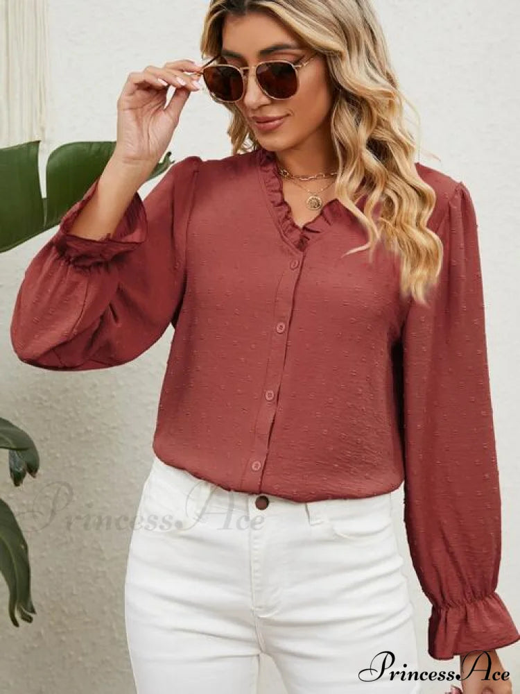 Button Up Flounce Sleeve V-Neck Shirt Chestnut clothes long sleeve shirt long sleeve shirts long sleeve top long sleeve tops Manny Ship From Overseas shirt shirts top tops