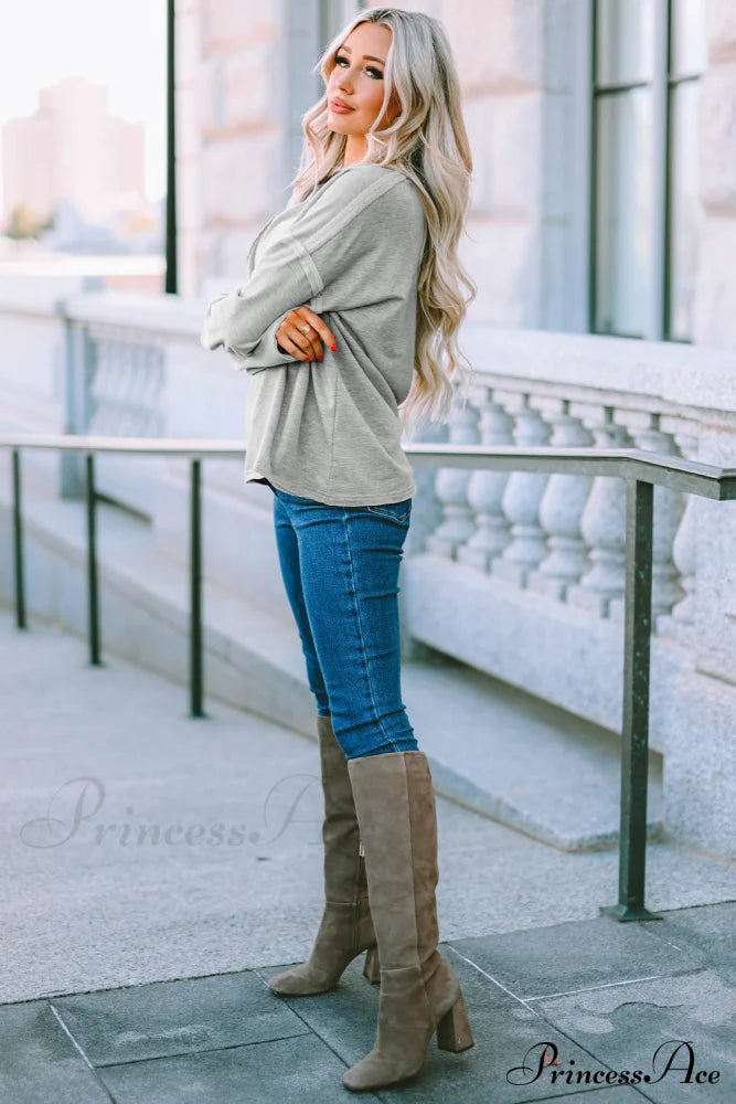 With - Arm Oversized Top Pockets Drop Gray Tops