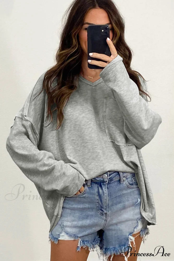 With - Arm Oversized Top Pockets Drop Gray Tops