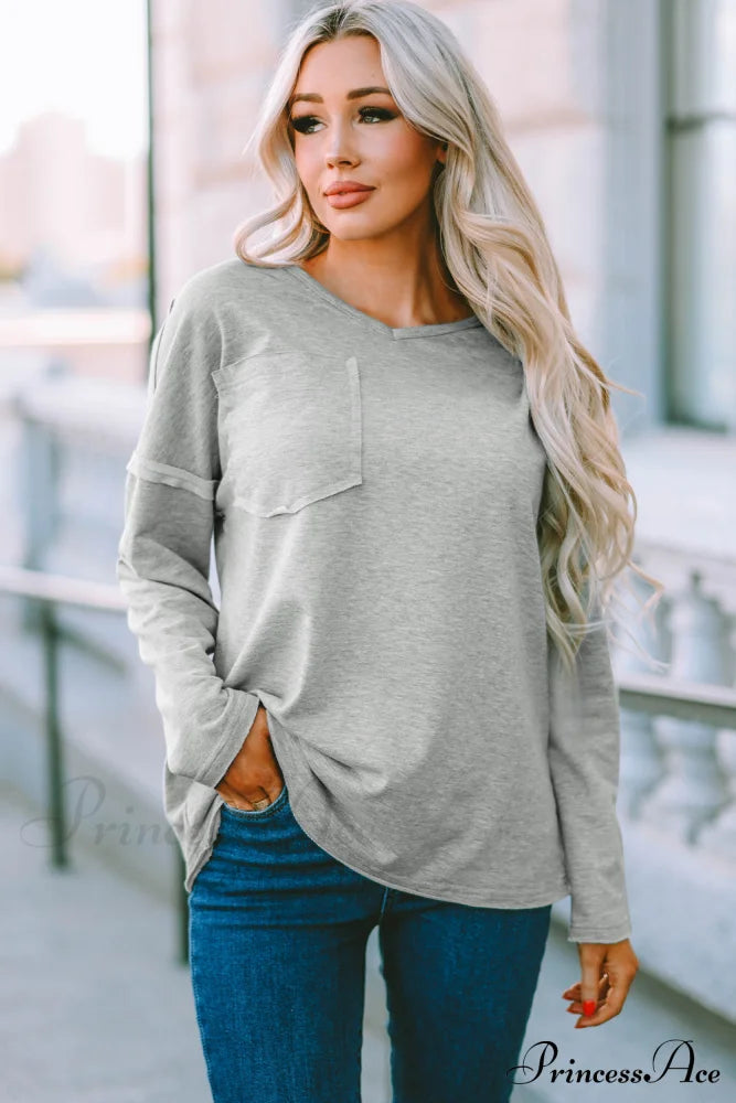 With - Arm Oversized Top Pockets Drop Gray Tops