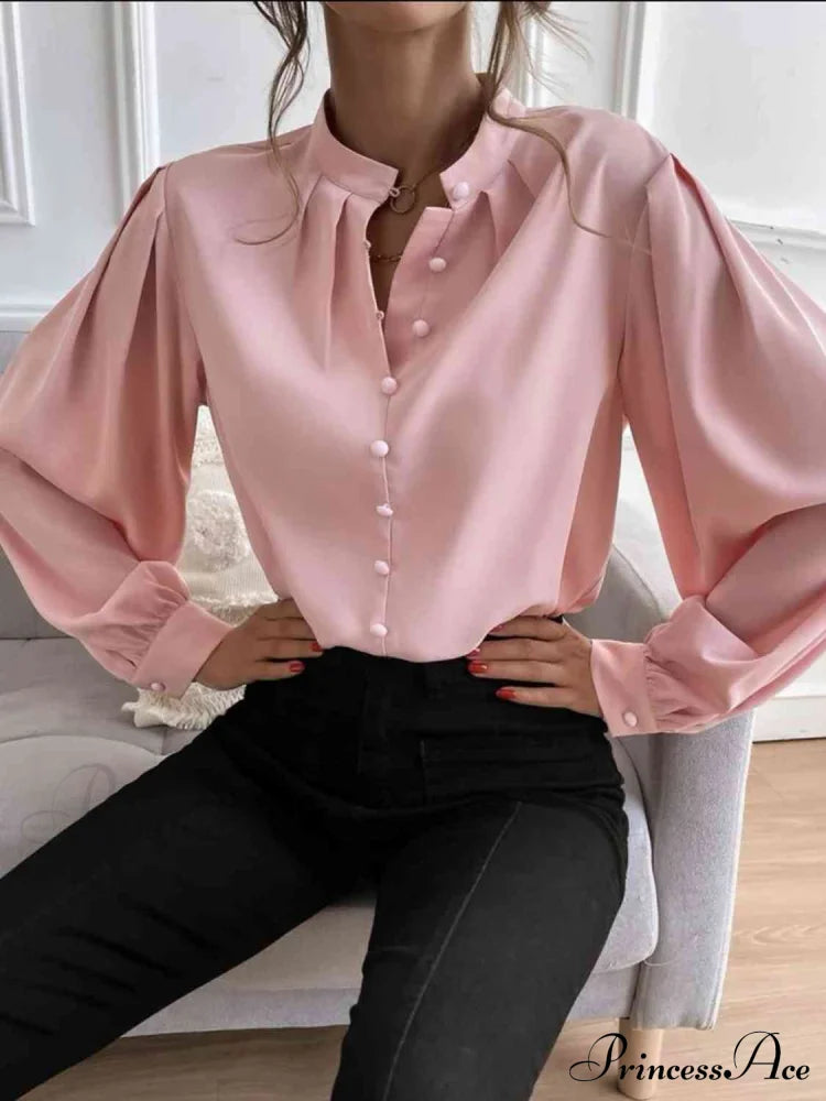 With Blouse Long Front Arm Button Mock Neck