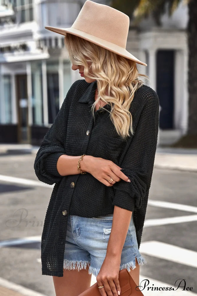 With Blouse Waffle-Knit Dropped Neck Collared Shoulder Coats-L