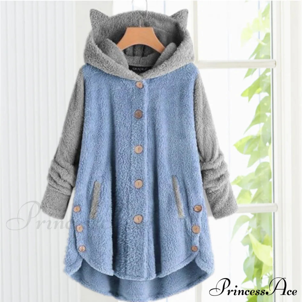 Cat Ears Hooded Coat Blue cardigan cardigans clothes Plus Size tops