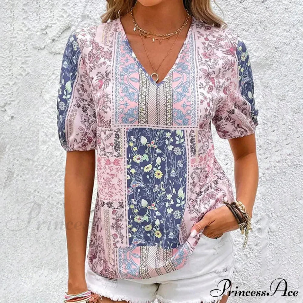 Ethnic Style Floral Blouse Pink best Best Sellings clothes Plus Size Sale tops Topseller