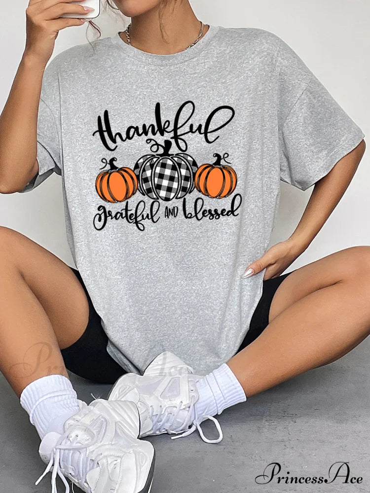 With Fall Graphic T-Shirt Neck Thanksgiving Round Season And Brief Sleeves Women’s Clothing