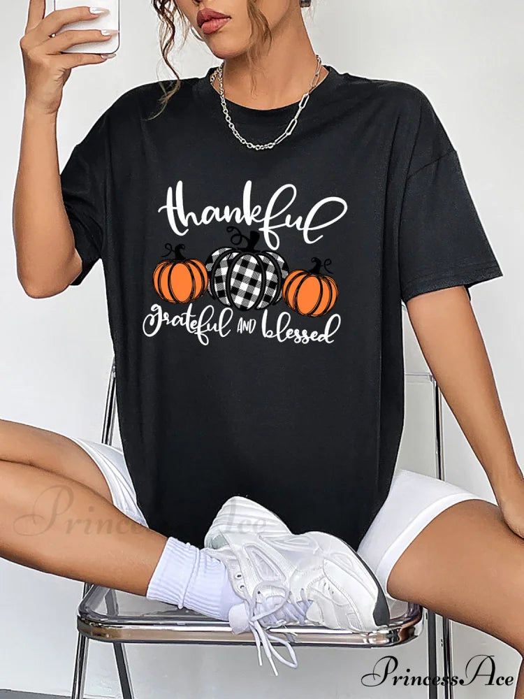 With Fall Graphic T-Shirt Neck Thanksgiving Round Season And Brief Sleeves Women’s Clothing